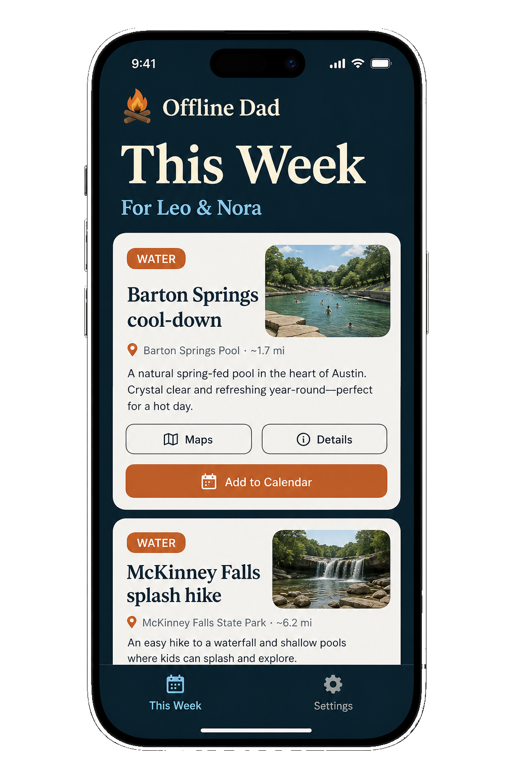 Offline Dad app on iPhone showing This Week picks for Leo and Nora, including Barton Springs with Add to Calendar